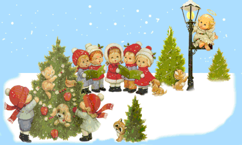 image of children trimming a tree, and other children caroling.